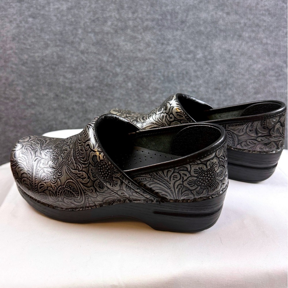 Dansko Professional Clogs Silver Black Floral Embossed Leather 37 6.5-7 Neutral
